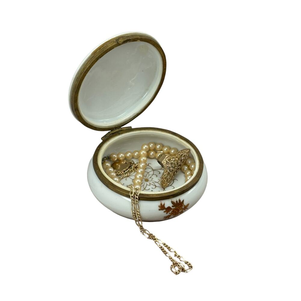 Vintage 1950s White Porcelain Flower Box Japan Round w Brass Detail and Hinge